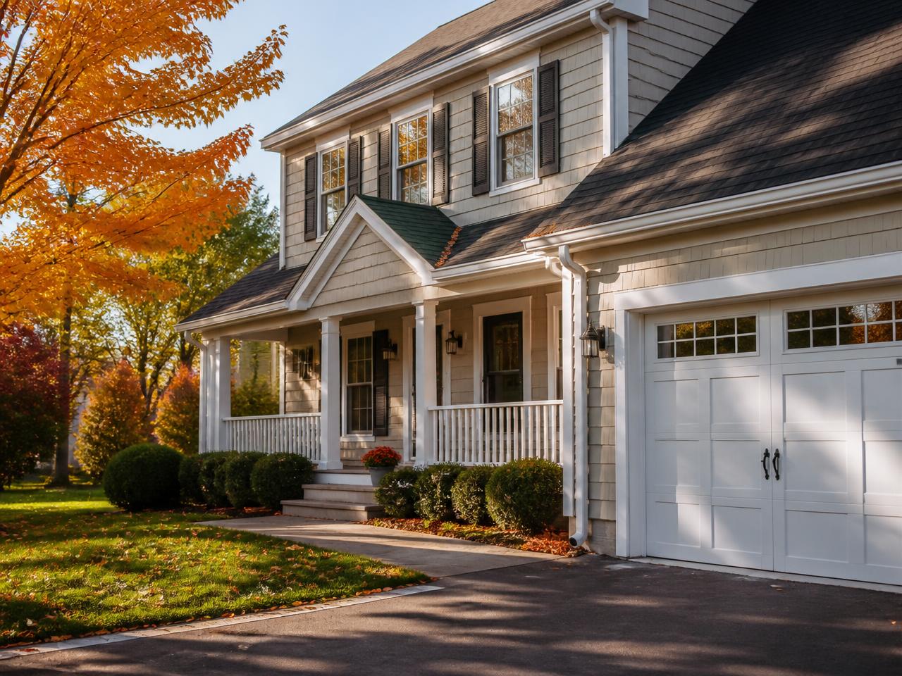 Well-maintained suburban home exterior in early fall with turning maple leaves and clear gutters in warm afternoon light