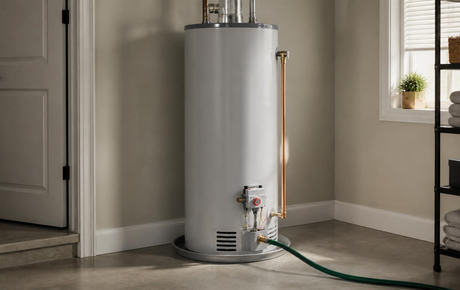 Residential tank-style water heater in a utility area, the appliance flushed during routine seasonal maintenance
